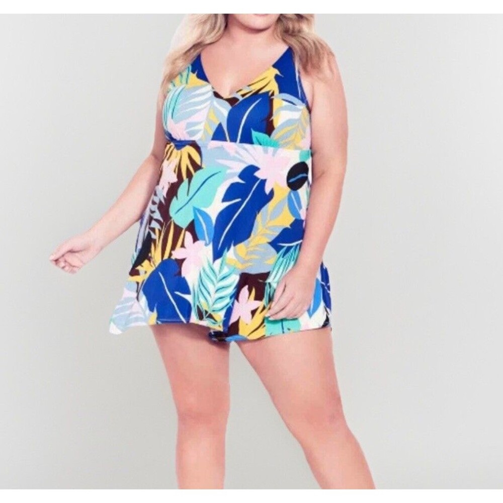 NWT Avenue 1-pc. Swim Dress Tropical Sharkbite Print Matisse Plus Size 30 Beach! - Picture 3 of 9